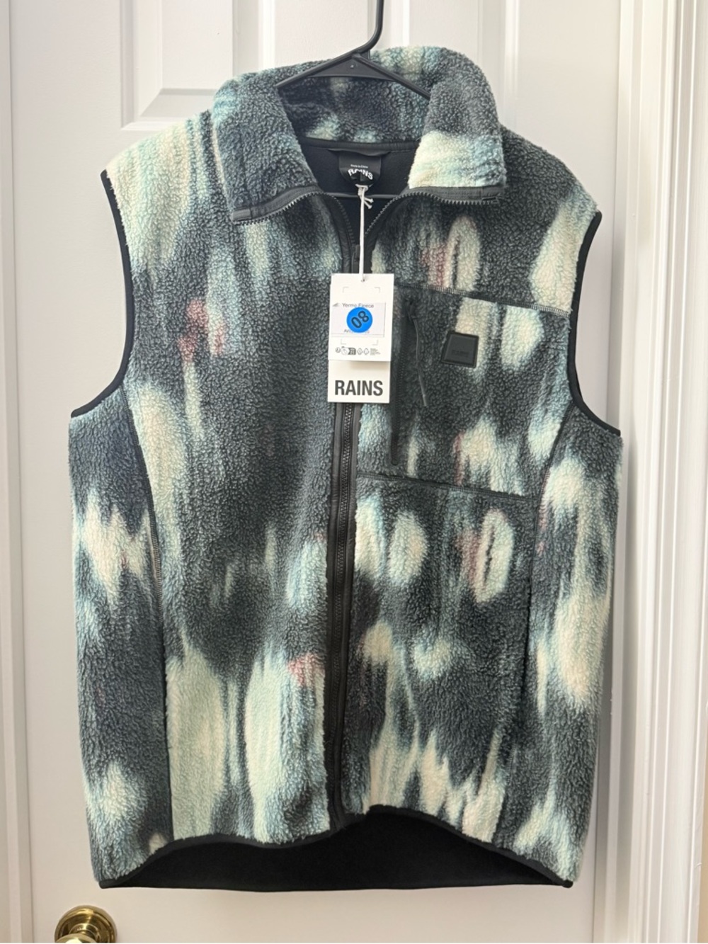 Rains Sherpa Fleece Vest in Teal, Black & Cream Abstract